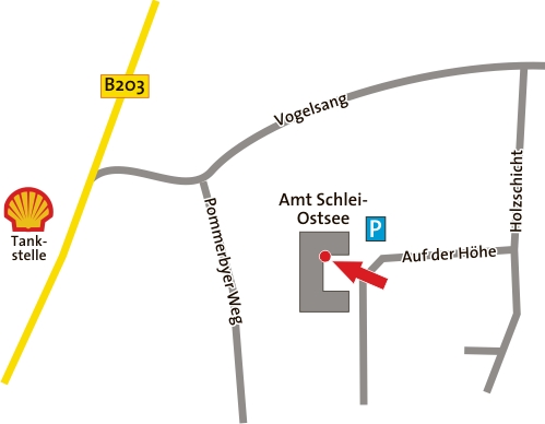 Anfahrtsskizze der bisherigen Website: Praxis Auf der Höhe, erreichbar von der B203 über Vogelsang.